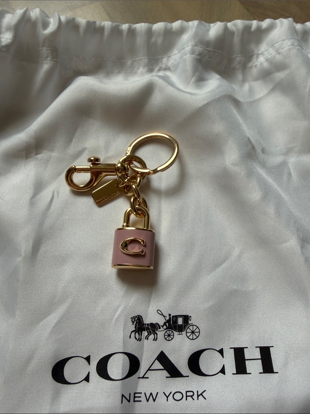 Coach Pink Enamel Padlock Key Charm with Gold Hardware